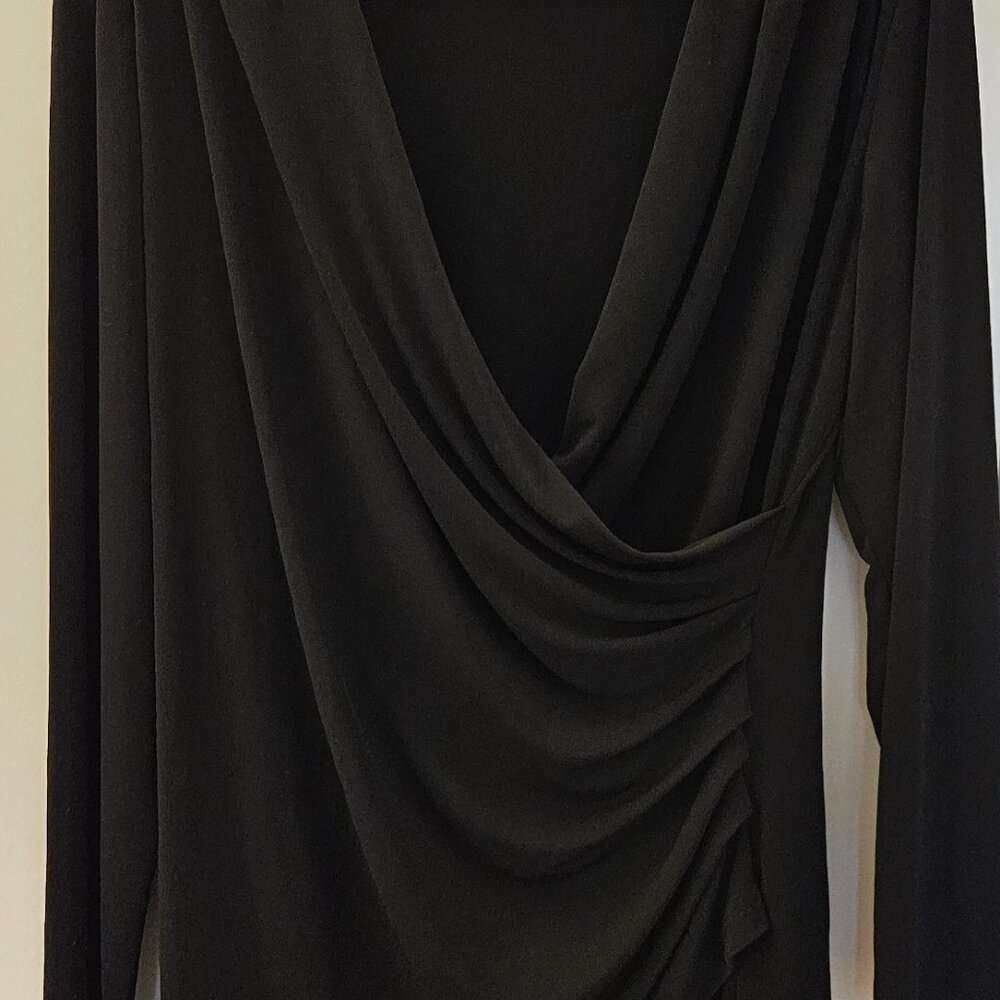 Sofia Black Long Sleeve Wrap-Top with Soft Drape and Shirring, XL